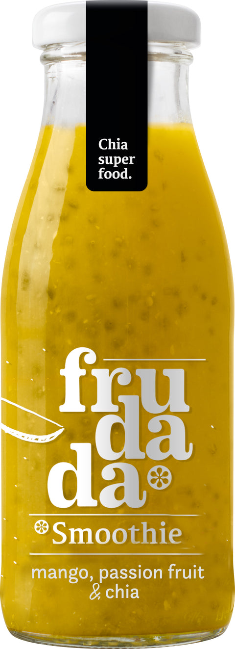 Glass bottle of Frudada smoothie with mango, passion fruit, and chia ingredients.